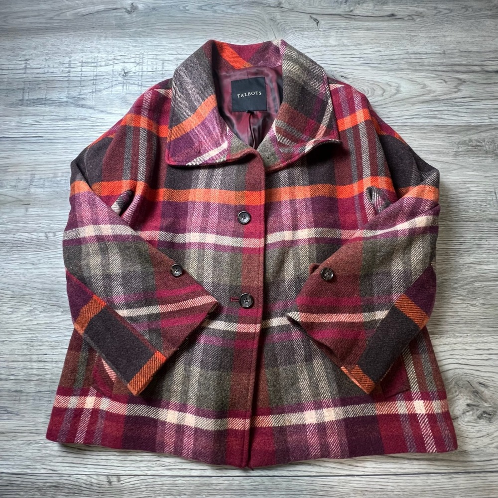 Talbots Plaid Wool Jacket Womens 8 Orange Burgundy Collared Button Front AB64